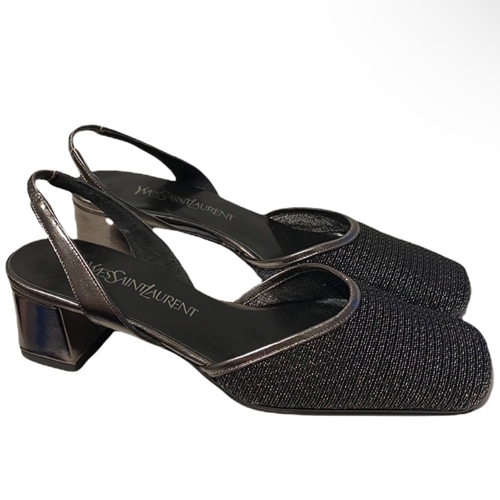 Vintage YSL | Metallic Square Toe Sling Back Heels
